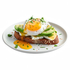 Delicious avocado toast topped with a sunny-side-up egg, fresh herbs, and spices for a healthy breakfast option.
