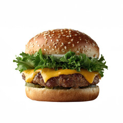 Delicious cheeseburger with lettuce, cheese, and sesame seed bun, perfect for a tasty meal or snack.