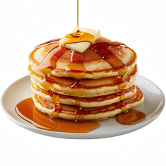 Delicious stack of fluffy pancakes topped with butter and syrup, perfect for breakfast or brunch.