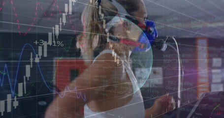 Volunteer starting treadmill running in lab, mask appearing and charts shifting tracking metabolism - Powered by Adobe