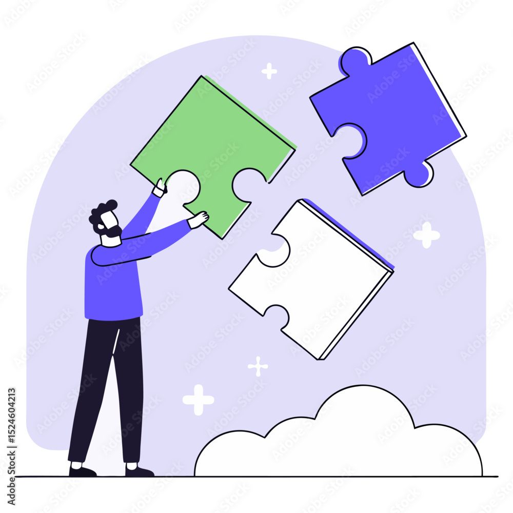 Poster man assembling puzzle pieces with green blue and white colors in a teamwork and collaboration concep