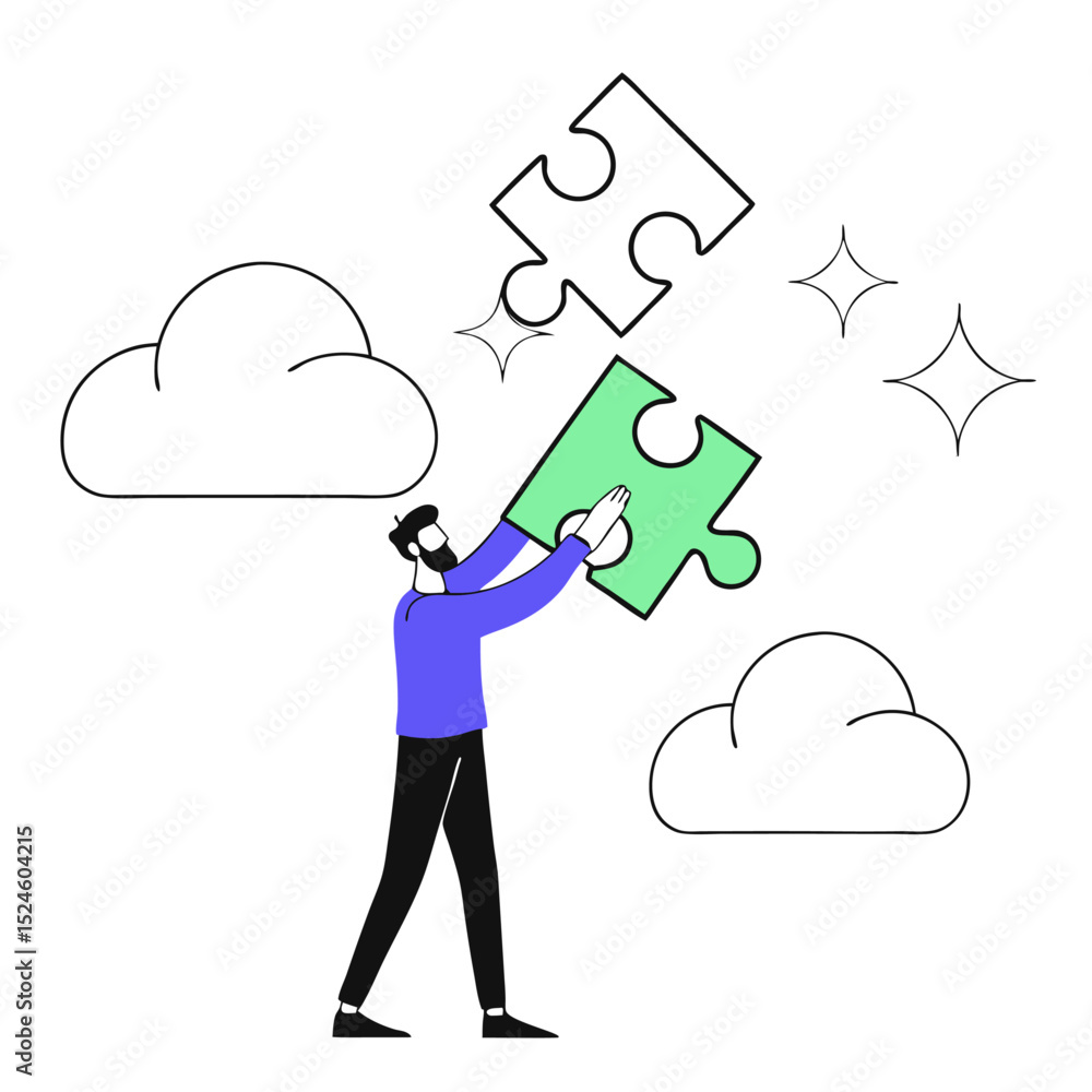 Poster man holding puzzle pieces with clouds and stars, symbolizing problem solving and creative solutions 