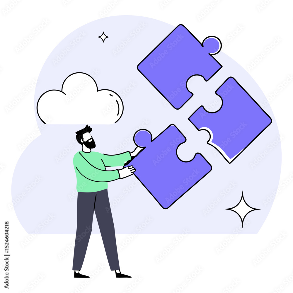 Poster man connecting puzzle pieces with a cloud and stars in the background on a light purple backdrop des