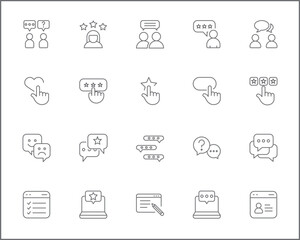 Review And feedback Icon Set. Vector collection of customer, rating, star rating, chat, testimonials, survey, support, communication, sign and element symbols or logo element.