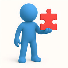 3D Character Holding a Red Jigsaw Puzzle Piece, Solution, Teamwork, and Problem Solving Concept