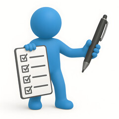 3D Blue Figure Holding Checklist and Pen Task Management and Organization Concept