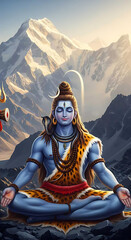 Fototapeta premium Divine Lord Shiva Meditating in Himalayas with Cosmic Aura and Ganga River Flowing – Hindu God of Yoga and Transformation