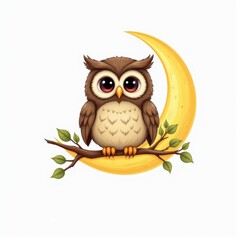 Fototapeta premium Adorable baby owl perched on a crescent moon branch a whimsical illustration perfect for children's books and cards