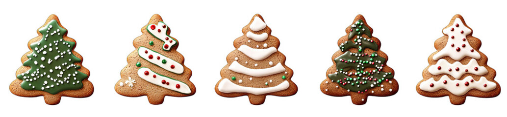 Five Gingerbread Cookies Shaped As Christmas Trees They All Have Different Decorations Like Green And White Icing Red And Green Sprinkles And Red And Green Candies The Cookies Are Arranged In A Row On