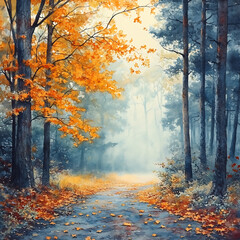 Autumn Veil: A misty morning forest with yellow and orange leaves creating a soft veil over the woodland path. , watercolor style, high detail, high quality 