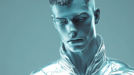 A serene, metallic bust of a young man with short hair, eyes closed, head slightly bowed, rendered in cool, silvery-blue tones against a muted background.  The 