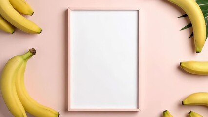 Styled pink frame mockup surrounded by yellow bananas and tropical green leaves on a pastel background offering copy space - Powered by Adobe