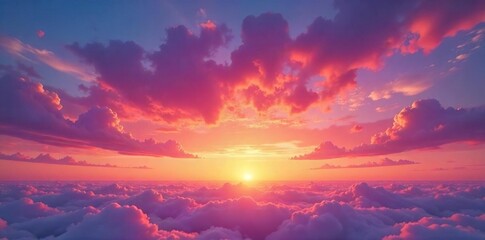 Fototapeta premium Stunning panoramic view of a breathtaking sunset sky, vibrant hues of orange, pink, and purple paint the cloudscape Perfect for travel, nature, and serenity themes , pink, scene, orange