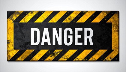 WARNING danger sign word text as stencil with yellow and black stripes painted over concrete wall cement texture wide banner background. Concept image for caution, dangerous area and hazard.