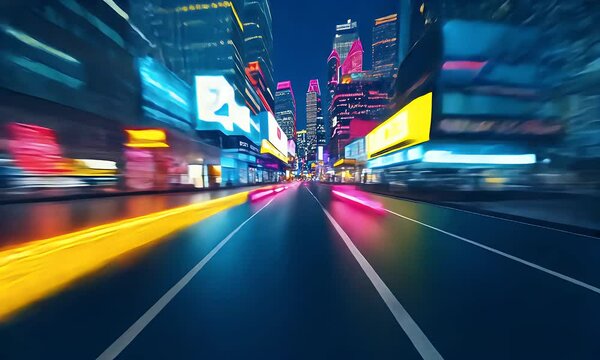 Dynamic Night Cityscape with Fast Moving Colorful Light Trails on Road for Adobe Stock Photo