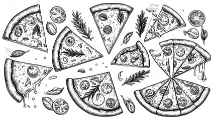 Fototapeta premium Ink-drawn pizza slices, herbs, and tomato slices arranged artfully in a circular pattern against a white background, showcasing detailed textures and a variety of toppings