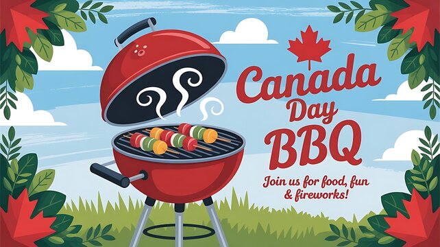 poster for a Canada Day BBQ event, featuring a classic red BBQ grill web header banner, created with generative ai created with generative ai