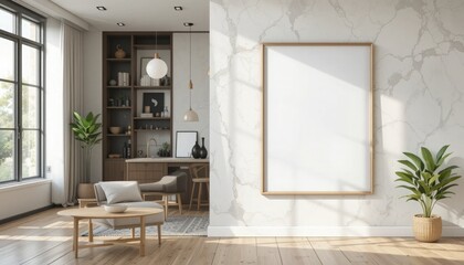 ISO and frame mockup the size of a paper. Mockup of a wall poster for the living room. mockup of the inside with a home backdrop. contemporary interior design. 
