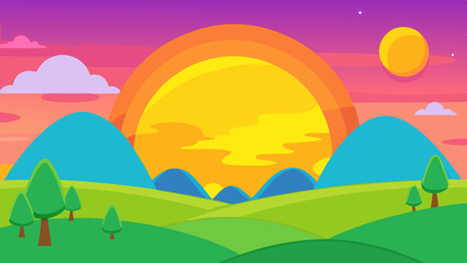 Obraz premium Vibrant sunset landscape illustration, clean cutout, transparent background