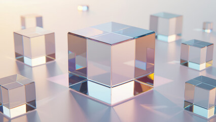 Obraz premium Transparent Glass Cubes with Iridescent Reflection on Soft Gradient Background 