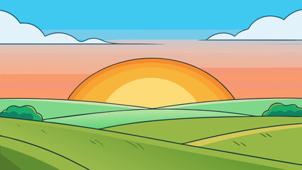 Obraz premium Idyllic sunset over rolling green hills landscape illustration