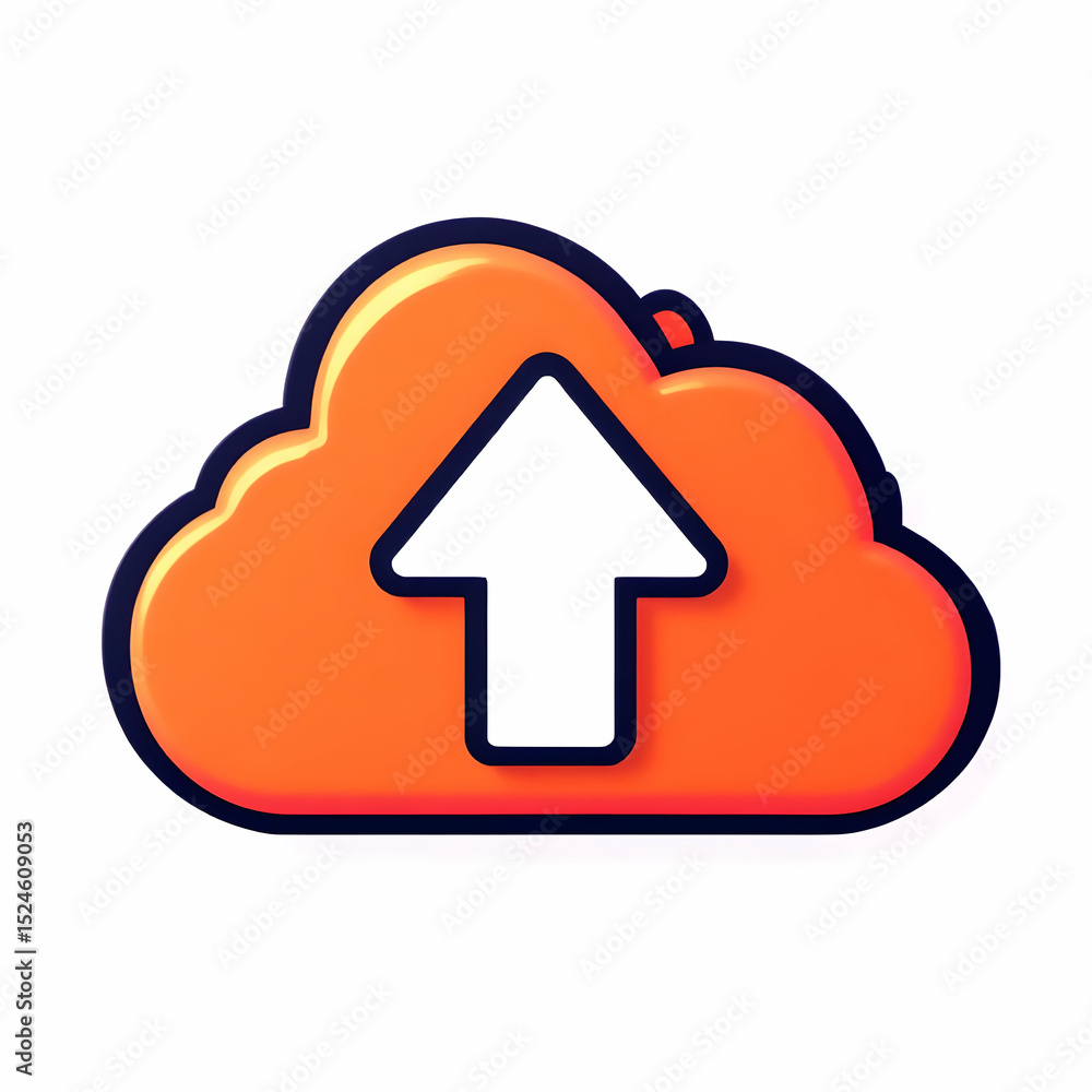 Poster 3d orange cloud icon with upward arrow, symbolizing data upload to the cloud
