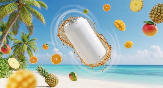 Refreshing beverage can mockup with splash and tropical fruit. Summer drink product presentation on a beach background.