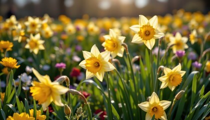 Obraz premium Vibrant Yellow Daffodils Blooming in a Sunny Spring Meadow A field of cheerful springtime flowers bathed in sunlight