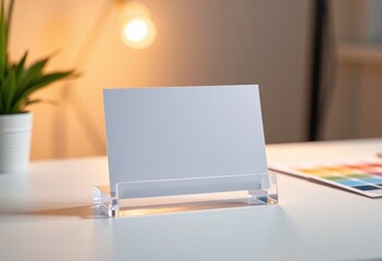 Blank Card in Acrylic Holder on Office Desk with Warm Lighting
