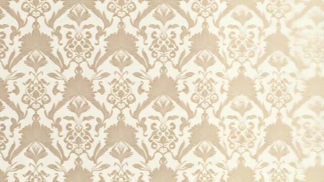 Close up of a beige damask pattern wallpaper with floral and leaf designs in a symmetrical layout background texture video