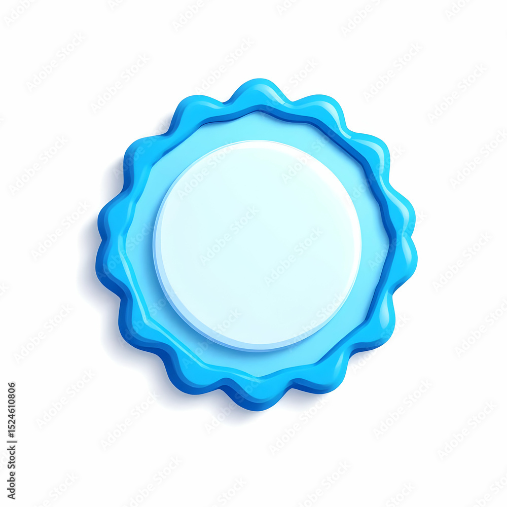 Poster a 3d rendered light blue circular badge with a wavy edge and a smaller inner circle, ideal for addin
