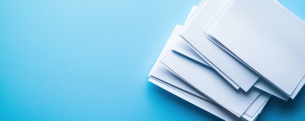 Minimalist blue backdrop with a neat stack of white business envelopes