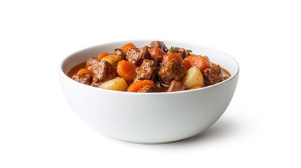 A white bowl brimming with hearty beef stew, featuring tender chunks of beef, carrots, and potatoes in a rich, brown gravy, garnished with a sprig of thyme