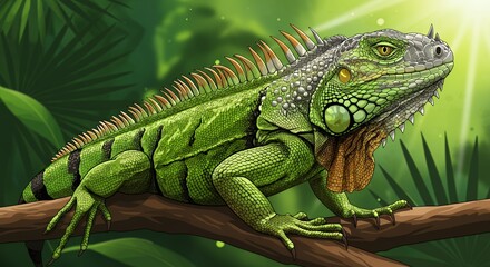 Fototapeta premium Green iguana on branch in jungle setting