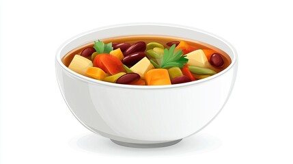 A white bowl brimming with hearty vegetable soup, featuring kidney beans, carrots, potatoes, green beans, and fresh parsley,  set against a stark white background