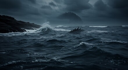 Obraz premium Ocean with large Wave and Spikes in Dark Stormy Weather