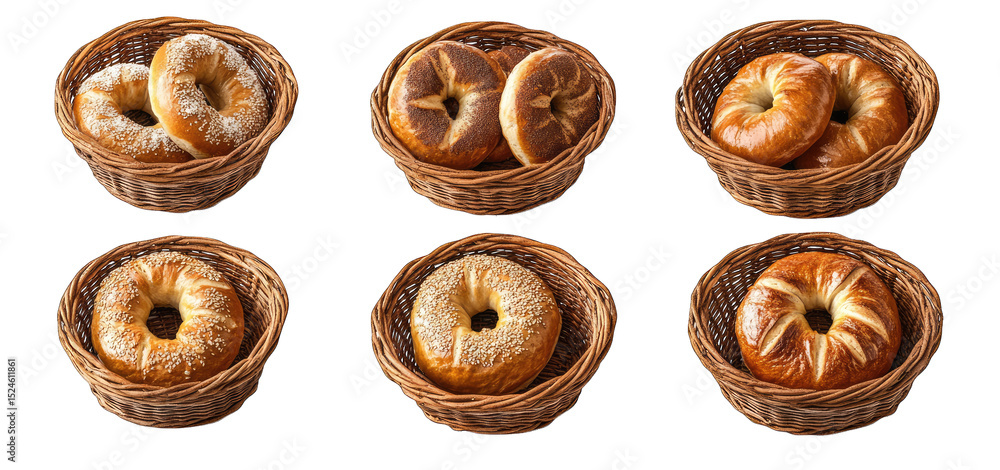 Poster six different types of bagels in wicker baskets on a transparent background