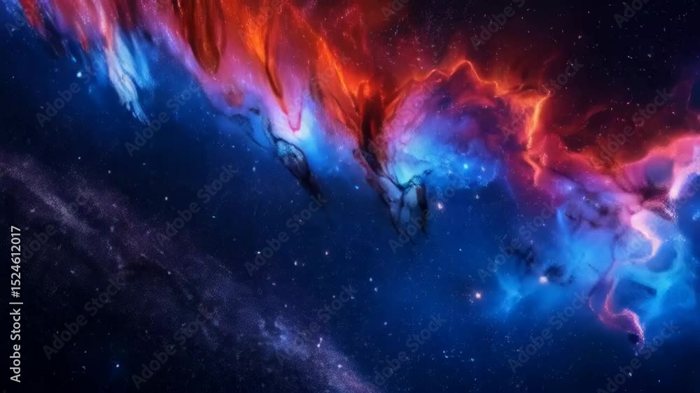 Poster vivid interstellar space nebula with clouds of dust and gas creating a colorful cosmic landscape wit