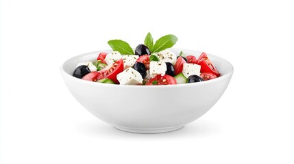 A vibrant Greek salad, featuring cubed feta cheese, ripe cherry tomatoes, Kalamata olives, and cucumber, is presented in a pristine white bowl, garnished with fresh basil