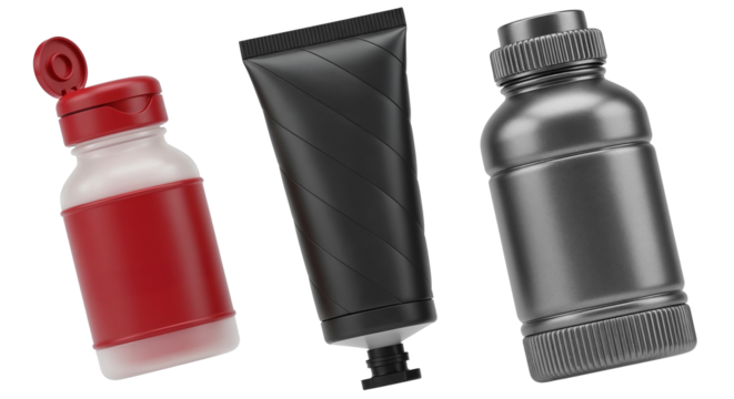 Realistic red pill bottle, black tube and metallic bottle floating on transparent background