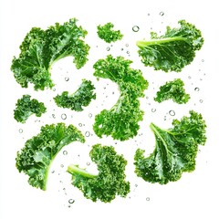 Fresh kale leaves levitate against a white background, interspersed with water droplets, forming a circular arrangement