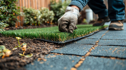Man’s hand installs artificial grass outdoors on concrete tiles. Home improvement DIY landscaping project in a residential garden under daylight. Eco-friendly modern yard work and gardening scene.

