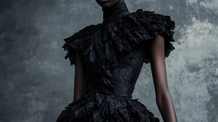 Close-up of a model's torso in a dark, textured, feather-like, high-necked gown against a mottled gray backdrop.  The dress features intricate detailing and a fitted bodice