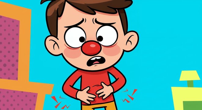 Cartoon Boy with Stomach Ache, Feeling Unwell