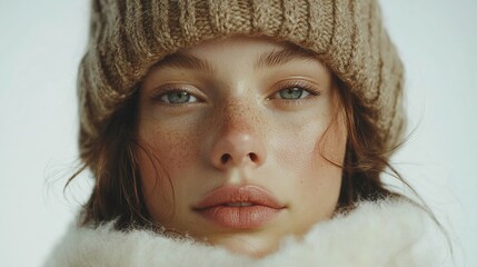 Close-up portrait of a young woman with freckles, wearing a light brown knit beanie and a fluffy white scarf against a bright backdrop.  Her expression is serene and her eyes are striking