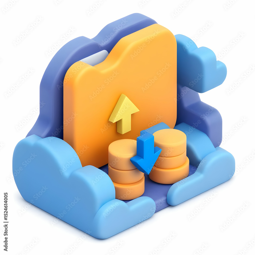 Poster 3d illustration of cloud data storage, depicting file upload and download processes within a cloud e