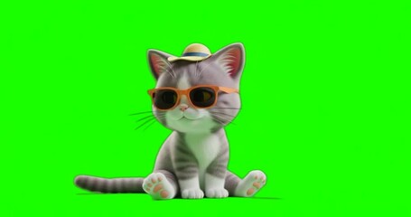 Adorable Cartoon Cat Wearing Sunglasses and Summer Hat on Green Screen