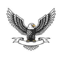 A majestic bald eagle with outstretched wings soars against an American flag illustration, a powerful symbol of wildlife and freedom
A dynamic cartoon bald eagle with flowing feathers and a sharp beak