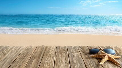 Summer Beach Scene: Relaxing Ocean View with Starfish and Sunglasses