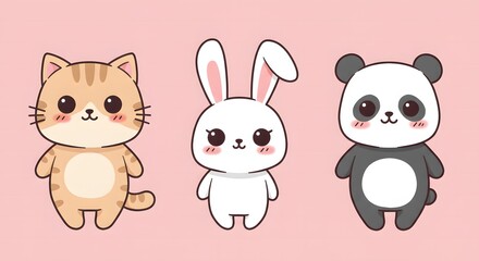 Obraz premium Cartoon illustration set of funny baby animals: cute cat, dog, rabbit